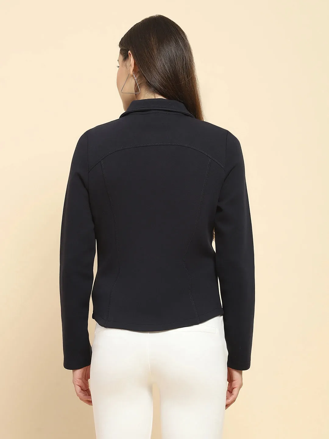 Navy Blue Poly Blend Solid Relaxed Fit Sweatshirt